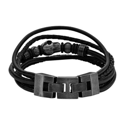 Mens Black Leather and Stainless Steel Skull Bracelet