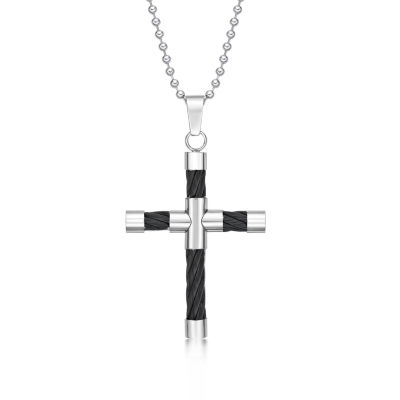 Mens Stainless Steel & Black IP Cable Cross Pendant Necklace, Color