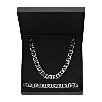 Mens Stainless Steel 10mm Marine Link Chain & Bracelet Boxed Set