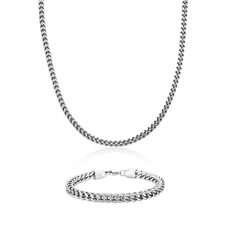 Mens Stainless Steel 6mm Foxtail Chain & Bracelet Boxed Set, One Size, White