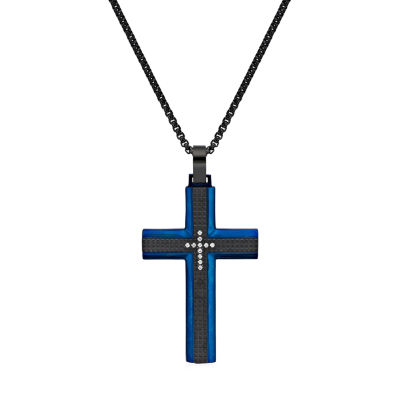 Mens White Cubic Zirconia Stainless Steel Cross 24 Inch Pendant Necklace