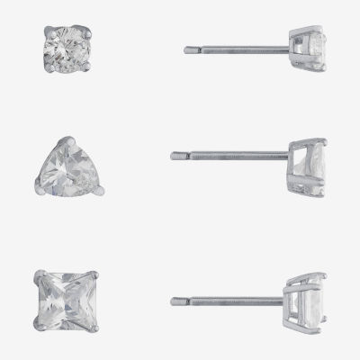 Silver Treasures Womens Cubic Zirconia Sterling Silver Pear Round Square 3 Pair Earring Set