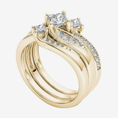 Love Lives Forever Womens 1 CT. T.W. Natural White Diamond 14K Gold 3-Stone Bypass Bridal Set