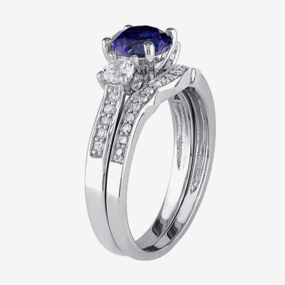 Modern Bride Gemstone Lab Created Blue Sapphire & 1/7 CT. T.W. Diamond 10K White Gold Bridal Set