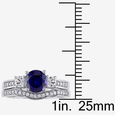 Modern Bride Gemstone Lab Created Blue Sapphire & 1/7 CT. T.W. Diamond 10K White Gold Bridal Set
