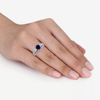 Modern Bride Gemstone Lab Created Blue Sapphire & 1/7 CT. T.W. Diamond 10K White Gold Bridal Set