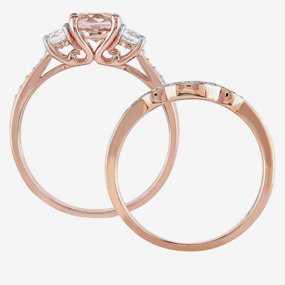 Genuine Morganite, Lab Created White Sapphire & 1/7 CT. T.W. Diamond 10K Rose Gold Bridal Set