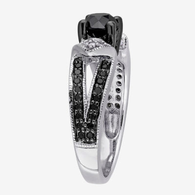 Womens 1 CT.T.W. Color Enhanced Round Black & White Diamond Sterling Silver Engagement Ring