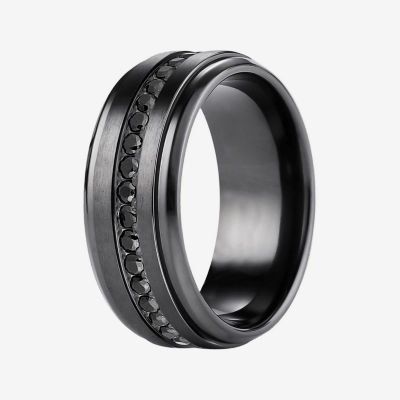 Mens Comfort Fit 9mm Black Titanium and Cubic Zirconia Wedding Band