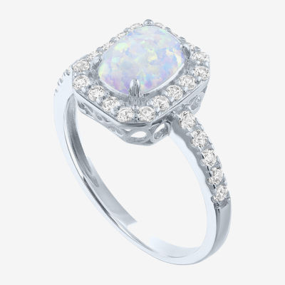 Yes, Please! Womens Lab Created White Opal Sterling Silver Cushion Halo Cocktail Ring