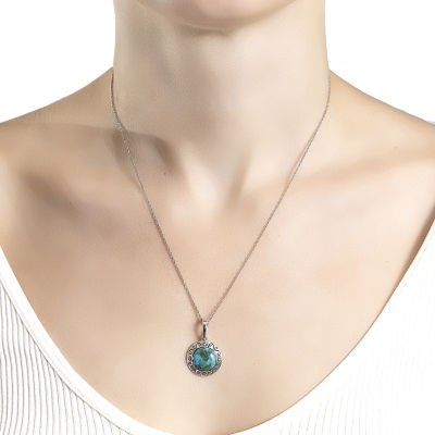 Womens Enhanced Blue Turquoise Sterling Silver Round Pendant Necklace