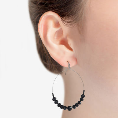 Mixit Grey Toned Jet Black Beaded Womens Black 75mm Hoop Earrings