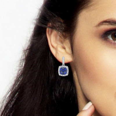 Lab Created Blue Ceylon Sapphire Sterling Silver Drop Earrings