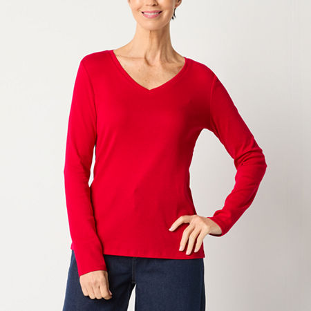 Liz Claiborne Womens V Neck Long Sleeve T-Shirt, Xx-large, Red