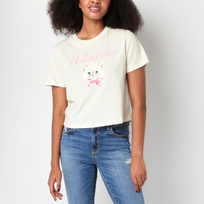 Whatever Cute Cat Graphic Womens Crew Neck Short Sleeve Crop Top Juniors