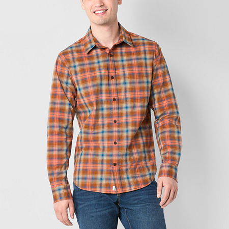 Mutual Weave Mens Long Sleeve Poplin Plaid Button-Down Shirt, Large, Orange