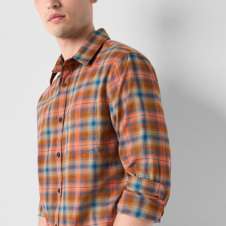 Mutual Weave Mens Long Sleeve Poplin Plaid Button-Down Shirt, Large, Orange