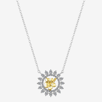 Disney Classics Cubic Zirconia 14K Gold Over Brass Pure Silver Over Brass 16 Inch Cable Flower Lilo & Stitch Pendant Necklace