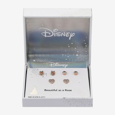 Disney Classics 3 Pair Cubic Zirconia Flower Heart Beauty and the Beast Earring Set