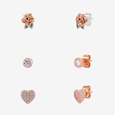 Disney Classics Womens Cubic Zirconia 14k Rose Gold Over Brass Flower Heart Beauty and the Beast Belle Princess 3 Pair Earring Set