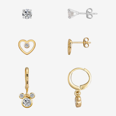 Disney Classics Womens Cubic Zirconia 14K Gold Over Brass Heart Mickey Mouse 3 Pair Earring Set