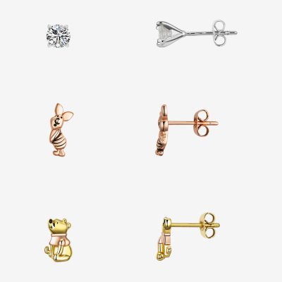 Disney Classics Womens Cubic Zirconia 14K Gold Over Brass 14k Rose Gold Over Brass Piglet Winnie The Pooh 3 Pair Earring Set