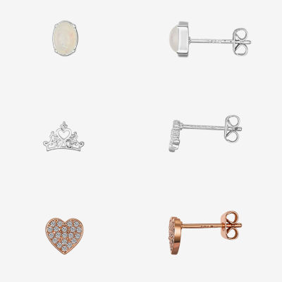 Disney Classics Womens Cubic Zirconia 14k Rose Gold Over Brass Crown Heart Princess 3 Pair Earring Set