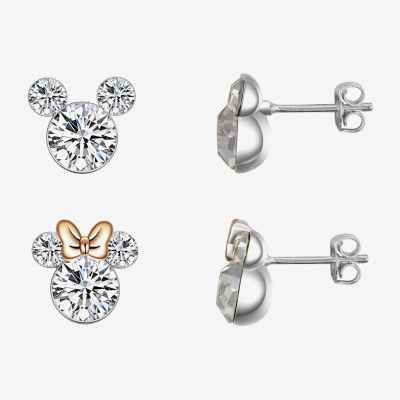 Disney Classics Womens Crystal 14k Rose Gold Over Brass Bow Mickey Mouse Minnie Mouse 2 Pair Earring Set