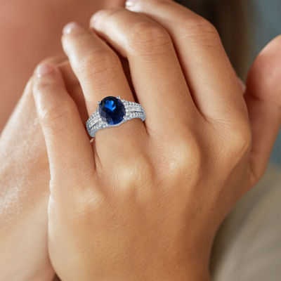 Womens Lab Created Blue Sapphire Sterling Silver Side Stone Cocktail Ring