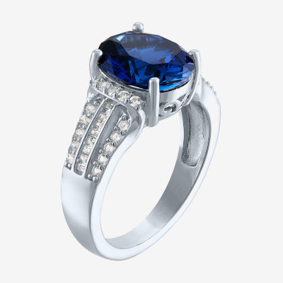 Womens Lab Created Blue Sapphire Sterling Silver Side Stone Cocktail Ring