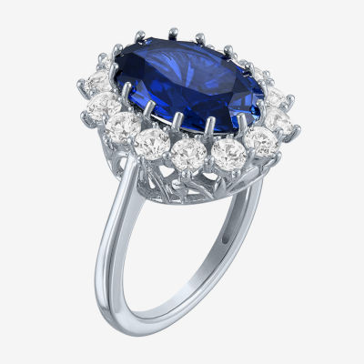 Womens Lab Created Blue Sapphire Sterling Silver Halo Cocktail Ring