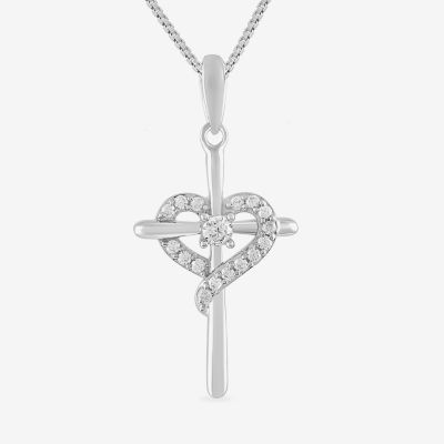 Womens 1/6 CT. T.W. Lab Grown White Diamond Sterling Silver Cross Heart Pendant Necklace