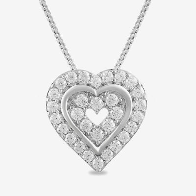 Womens 1 CT. T.W. Lab Grown White Diamond Sterling Silver Heart Pendant Necklace