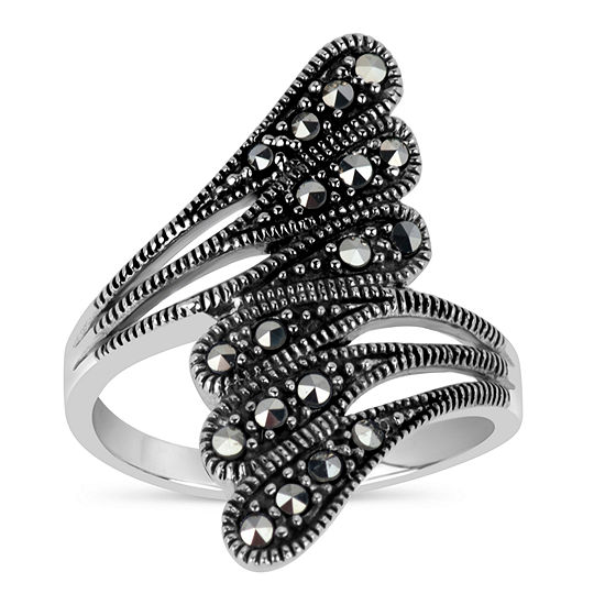 Womens Genuine Black Marcasite Sterling Silver Bypass  Cocktail Ring