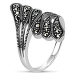 Womens Genuine Black Marcasite Sterling Silver Bypass  Cocktail Ring