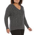 St. John's Bay Plus Cable Womens V Neck Long Sleeve Pullover Sweater