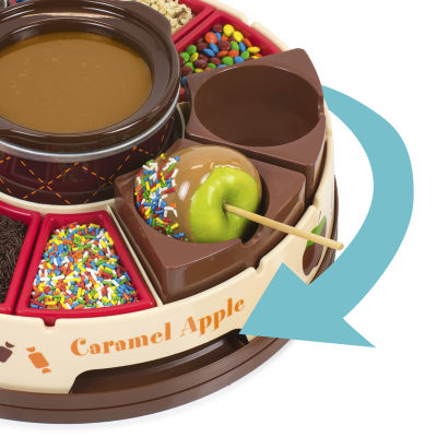 Nostalgia Lazy Susan Chocolate & Caramel Apple Party with Heated Fondue Pot, 25 Sticks, Decorating and Toppings Trays
