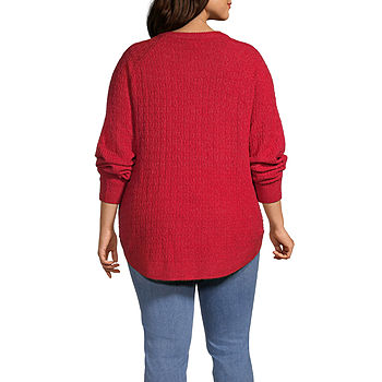 St. John's Bay Plus Curve Hem Womens Crew Neck Long Sleeve Pullover Sweater,  Color: Cabaret Red - JCPenney