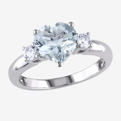 Modern Bride Gemstone Womens Genuine Blue Aquamarine Sterling Silver Heart 3-Stone Engagement Ring