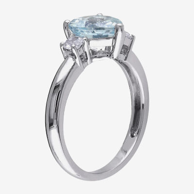 Modern Bride Gemstone Womens Genuine Blue Aquamarine Sterling Silver Heart 3-Stone Engagement Ring