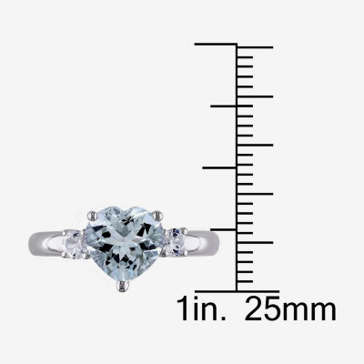 Modern Bride Gemstone Womens Genuine Blue Aquamarine Sterling Silver Heart 3-Stone Engagement Ring