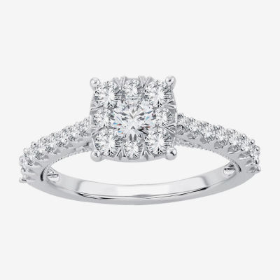Womens 1 CT. T.W. Natural White Diamond 14K White Gold Cushion Side Stone Halo Engagement Ring