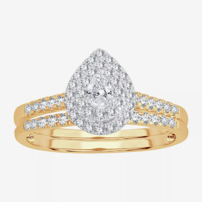 Womens 1/2 CT.T.W. Natural Diamond 10K or 14K Gold Pear Side Stone Halo Bridal Set