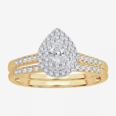 Womens /2 CT.T.W. Natural Diamond 10K or 14K Gold Pear Side Stone Halo Bridal Set