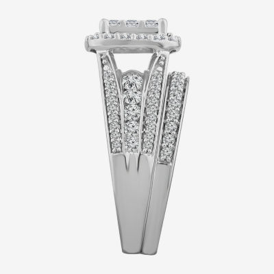 1 1/2 CT.T.W. Natural Diamond Cushion Shape Side Stone Halo Bridal Set in 10K or 14K White Gold