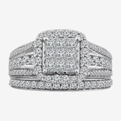 1 1/2 CT. T.W. Diamond Cushion Shape Side Stone Halo Bridal Set in 10K or 14K White Gold