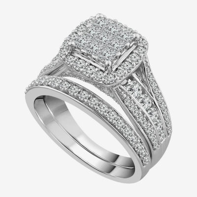 1 1/2 CT.T.W. Natural Diamond Cushion Shape Side Stone Halo Bridal Set in 10K or 14K White Gold