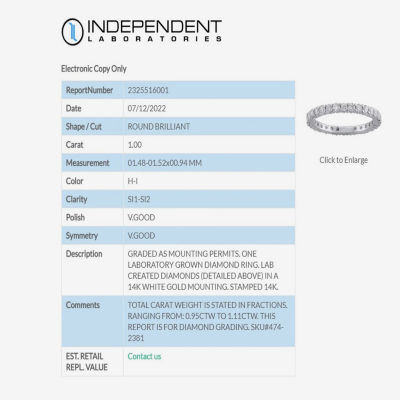 (H-I / Si1-Si2) 1 CT. T.W. Lab Grown White Diamond 14K Gold Eternity Wedding Band