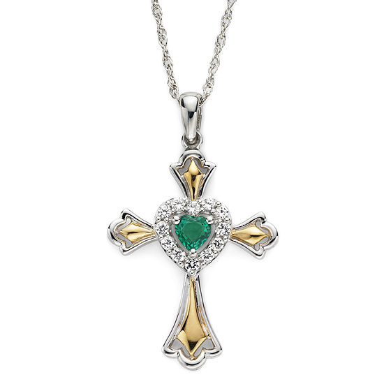 Lab-Created Emerald & White Sapphire Two-Tone Cross Pendant Necklace