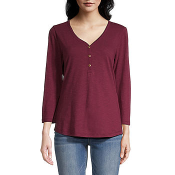 Women's Maroon V-Neck Henley Long-Sleeve T-Shirt